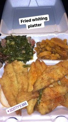 Fried whiting platter with collard green (with smoked turkey) and yams.