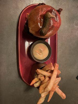 Jerk chicken sandwich and Fries  Pass the Duchie