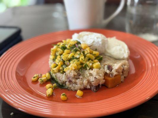 Risotto with lamb bacon, poached egg, and goat cheese.