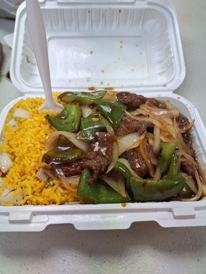 Pepper steak and fried rice