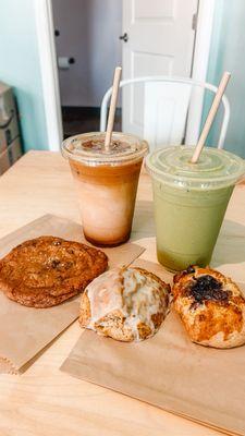 Honey Rose Matcha & Chai with pastries