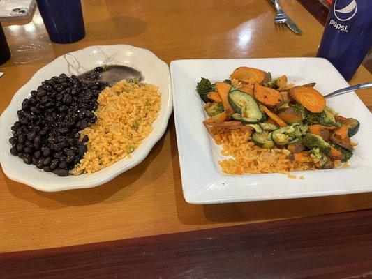 Grilled veggies. Black.    beans. Spanish rice.  All Good