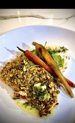 Pistachio Crusted Salmon, tarragon butter, roasted carrots