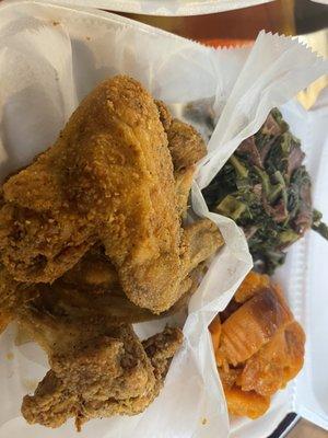 Chicken wings greens yams