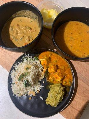 Korma Coconut rice  Mango dal  Clarify butter  Tofu in green peas masala  Ridge gourd chutney