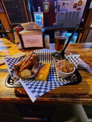 Large rib combo with collard greens and smoked pork chili side along with some yuenglings to wash it down.