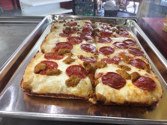 Deep dish pan pizza by the slice or whole.