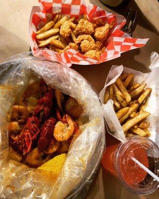 BYO seafood boil and L6. Fried Shrimp Basket w/lemonade