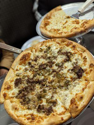 Cheese steak pizza and cheese pizza