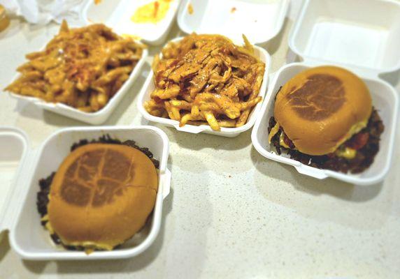 Hotline Burger, BBQ burger, and two orders of Smack Fries