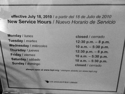 Hours effective 7/18/10