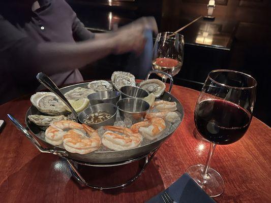 oysters, shrimp, wine