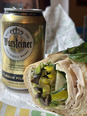 My perfect sub with turkey and lots of veggies and only vinegar. Goes well with beer