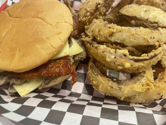 Bacon Burger. Pepper Jack Cheese. Homemade Onion Rings