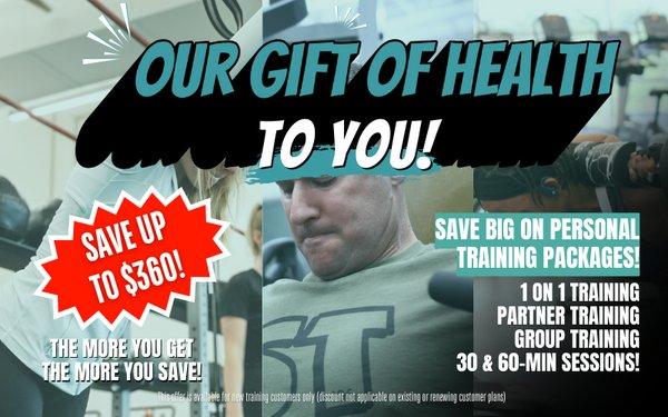 Save up to $360 on personal training packages!*Offer ends December 31st.
 
 *Restrictions apply. This offer is for new training customers on