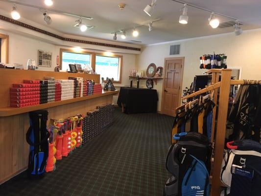 Lots of equipment and apparel sold at the golf shop