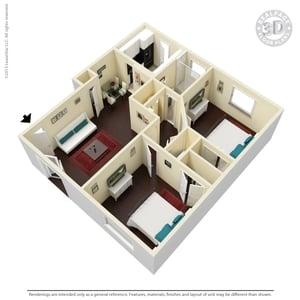 Two Bedroom One Bath (Adina) 3D with Furniture