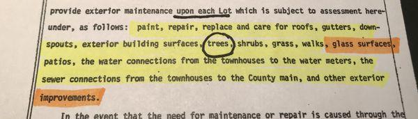 Land covenants that state trees should be maintained. This is a court ordered manitenence agreement.