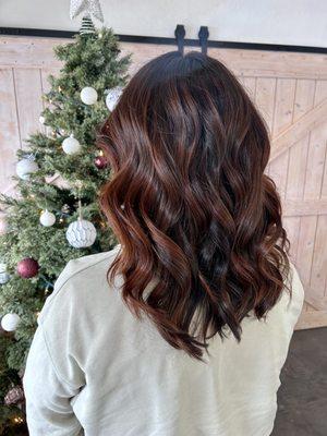 Custom chocolate and copper color. Layered haircut all by Mackenzie.