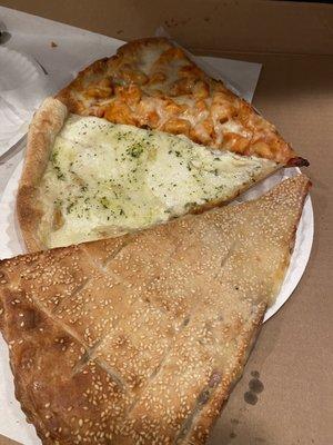 Top to Bottom: Buffalo Chicken Slice, White, Stuffed Slice filled with meat and cheese