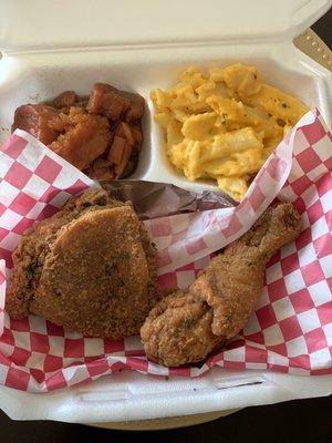 Fried Chicken, Mac &Cheese, yams