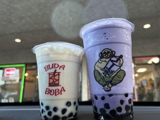 Oolong milk tea and taro smoothie. Great boba!