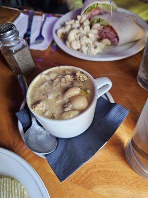 Cheeseburger soup with noodles excellent.  Ham and cheese wrap, yummy