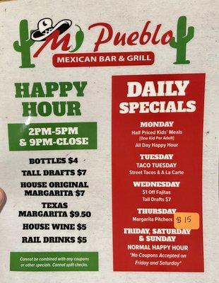 Happy Hour/Daily Specials menu