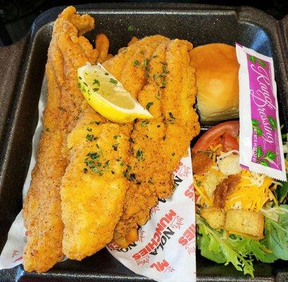 Fried Fish Platter served with fries, salad, and a roll