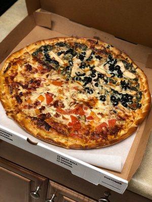 Split Pizza - Chicken Club and Spinach w/Black Olives and Chicken! Better get you some!