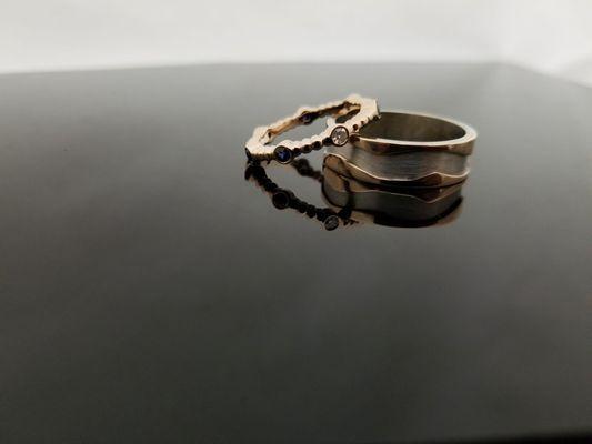 His and hers custom wedding bands 14k rose gold,  sapphire and diamond.