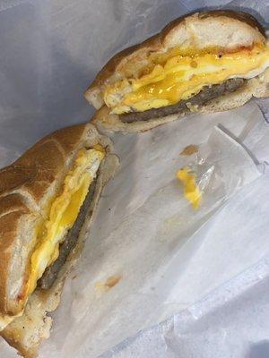 Sauasage egg & cheese breakfast sandwich. Effortlessly delicious