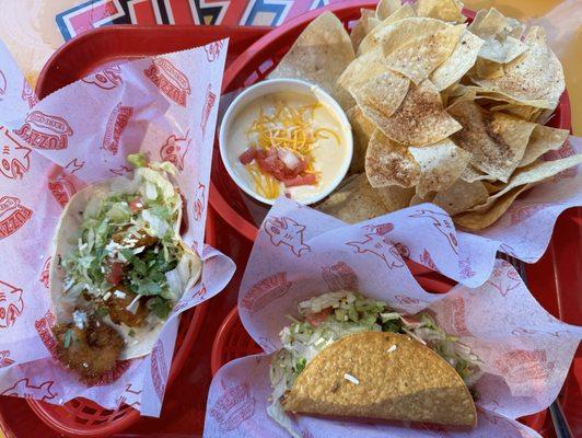 Tempura Shrimp Taco, Chips & Queso, Seasoned Ground Beef Taco