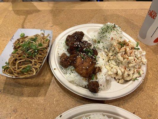 Garlic Chicken, Rice, and Mac Salad with some Yakisoba Noodles on the side.