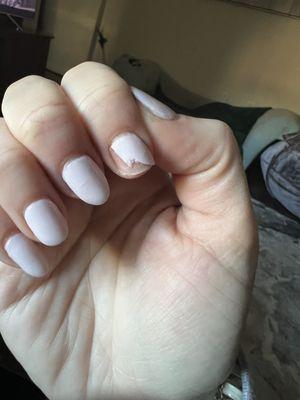 Color I got (white tinted slightly purple) - this dip mani sheered off in a sharp ragged way. Dip is not strong (old discolored product).