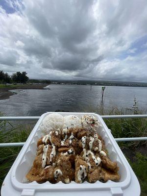 Furikaki garlic chicken and Beautiful view of Hilo bay