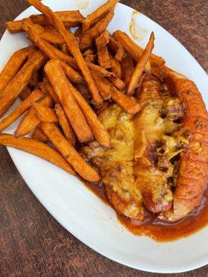 Milagro Dog with Side of Sweet Potato Fries