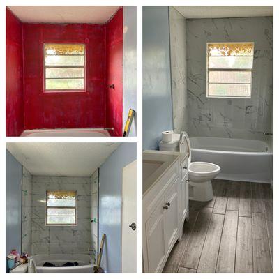 Water Damage to the bathtub tiles. We replaced the damaged bathtub and wall tiles.