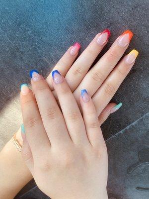 Rainbow Gel French Tip Acrylic Coffin Nails Done perfectly from reference photo