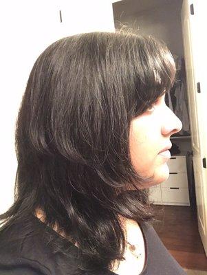 Right side of head - looks like 3 different lengths of layers, shorter than the left side