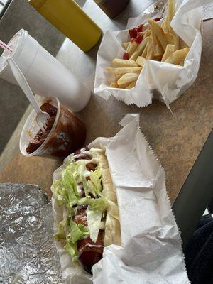 BLT (No tomato) hot polish dog, Sausage burnt ends, and fries.