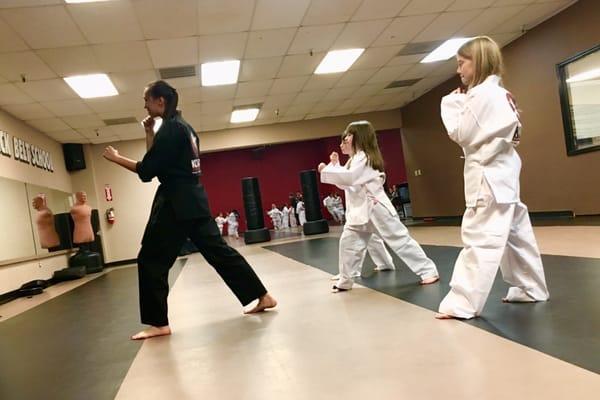 This is what practice looks like on the first day! Karate outfits and no financial pressure makes a great business introduction.