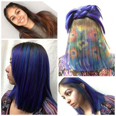 This took 3 appts of removing all box dye then creative colors added. Integrity of hair was amazing afterward.