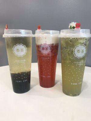 Left to right; lychee oolong tea, strawberry cheese foam and kiwi basil green tea