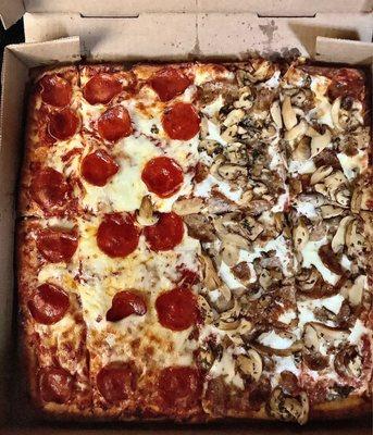 Our deep dish Sicilian half and half pizza.