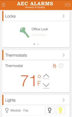 Smart home automation with lock, light, thermostat, and garage door control.