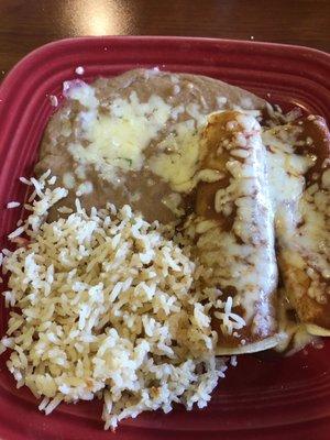 Cheese Enchiladas, beef enchilada, rice, beans