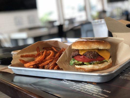 My burger I built and sweet potato fries.