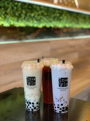 Winter Melon Organic Fresh Milk Tea Latte, Honey Black Tea, Taro Milk Tea - larges all around!