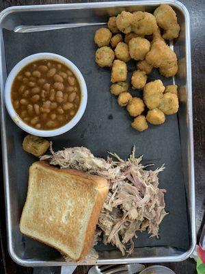 Pulled pork plate with baked beans and fried okra